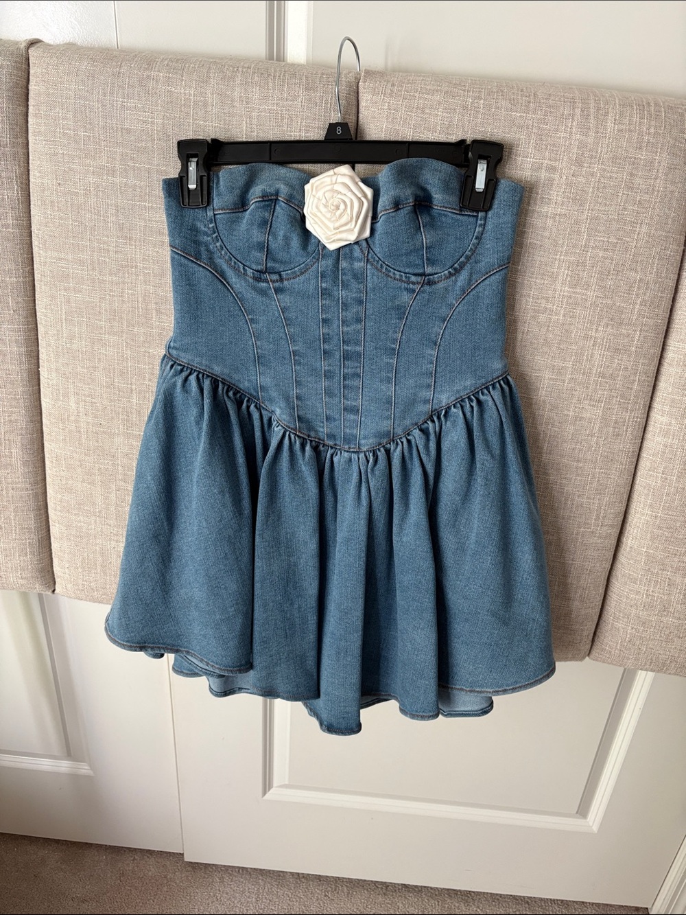 Lovers + Friends Blue Denim Corset Mini Dress with White Rosette